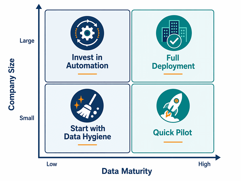 A 2x2 decision matrix with Data Maturity on the X-axis and Company Size on the Y-axis, showing four quadrants with recommended approaches.