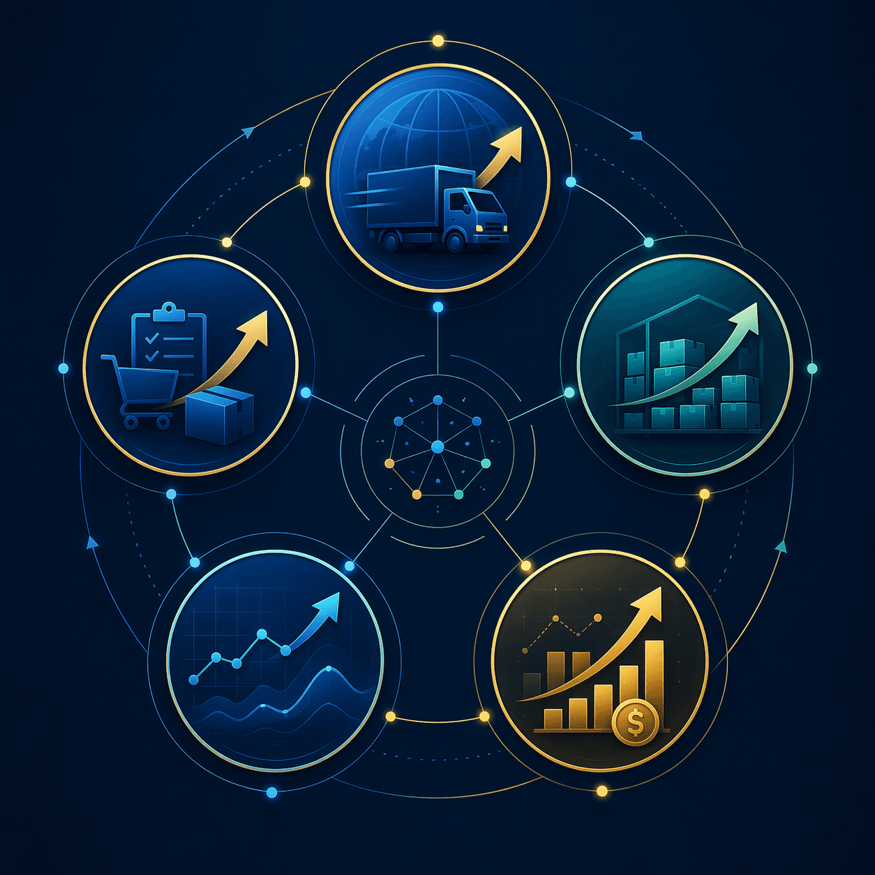 Five interconnected supply chain function nodes with performance indicators