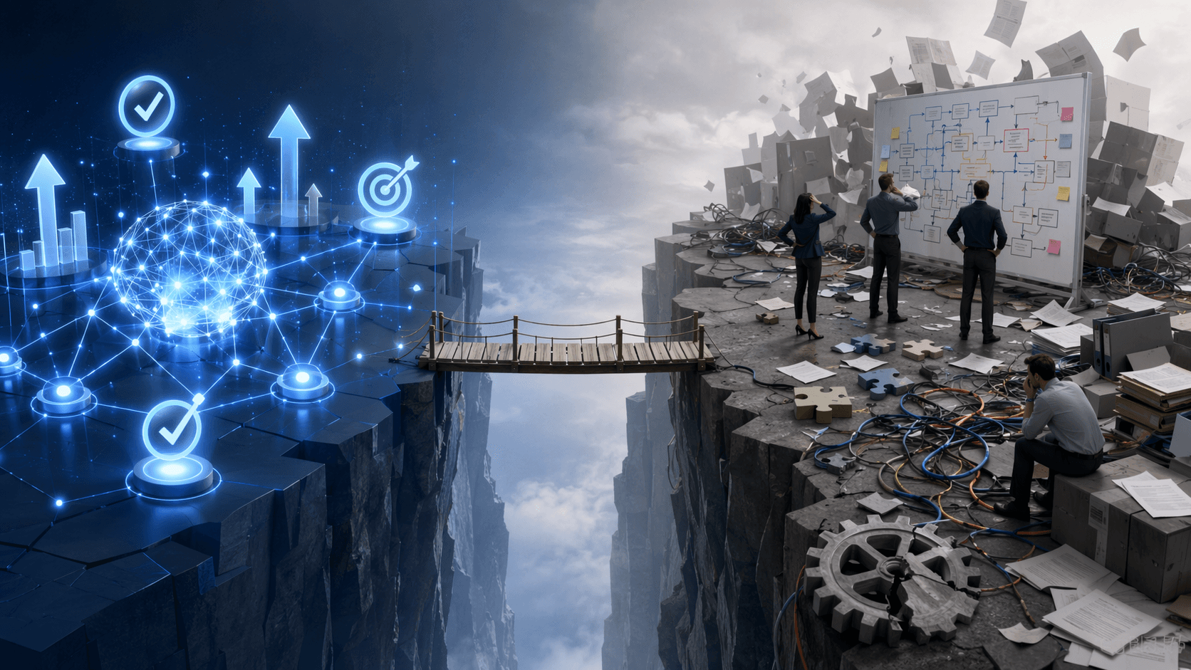 Conceptual illustration of AI promise separated from tangled supply chain data and people by a narrow bridge