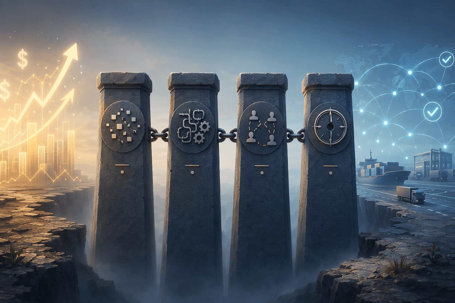 Four obstacle pillars representing data quality, integration complexity, change management, and lack of strategy between AI investment and supply chain outcomes