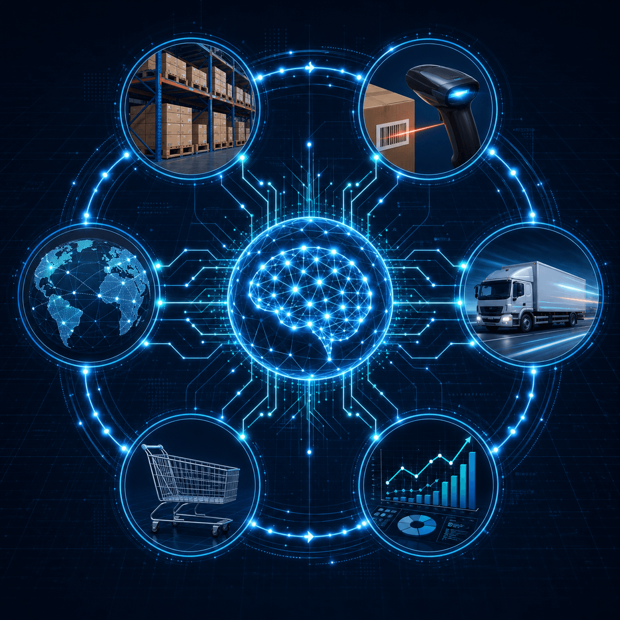 A dark navy background with a central glowing neural node representing AI, surrounded by six connected icons: warehouse shelves, a barcode scanner, a delivery truck, upward data graphs, a shopping cart, and a globe. Glowing blue and teal data lines connect all elements, conveying a real-time AI-powered inventory network.