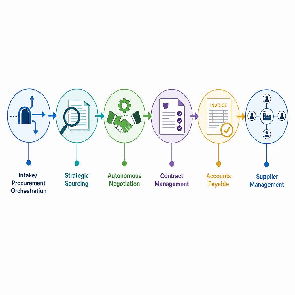 Six-node source-to-pay lifecycle flow showing intake orchestration, strategic sourcing, negotiation, contract management, accounts payable, and supplier management agents