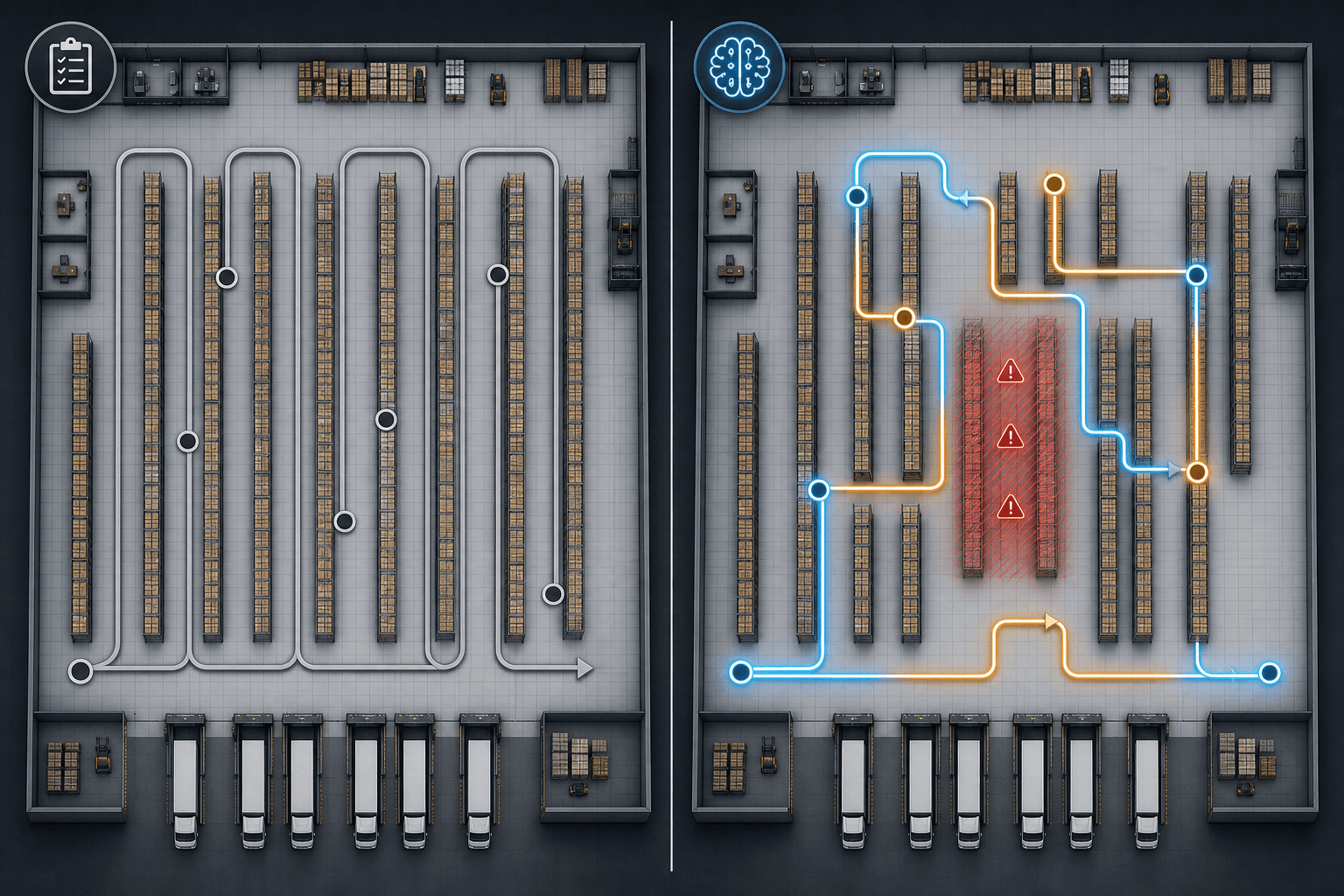 Top-down warehouse floor plan diagram comparing a rigid S-shaped serpentine picker route on the left with an AI-optimized route on the right that selectively threads through relevant aisles and skips a congested zone.