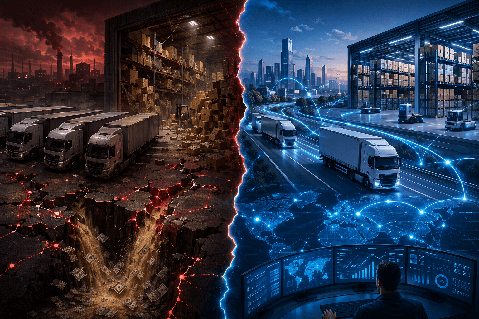 Split scene contrasting wasteful logistics with optimized predictive logistics