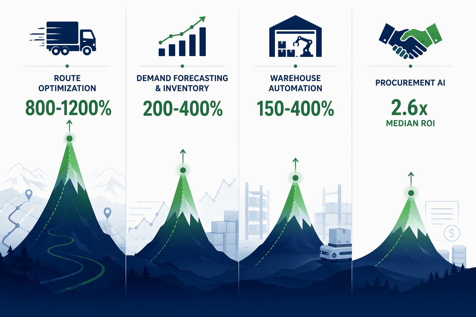 Infographic comparing supply chain AI ROI ranges across route optimization, demand forecasting and inventory, warehouse automation, and procurement AI