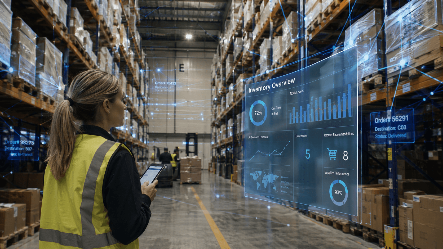 Modern warehouse distribution center with AI inventory analytics overlay