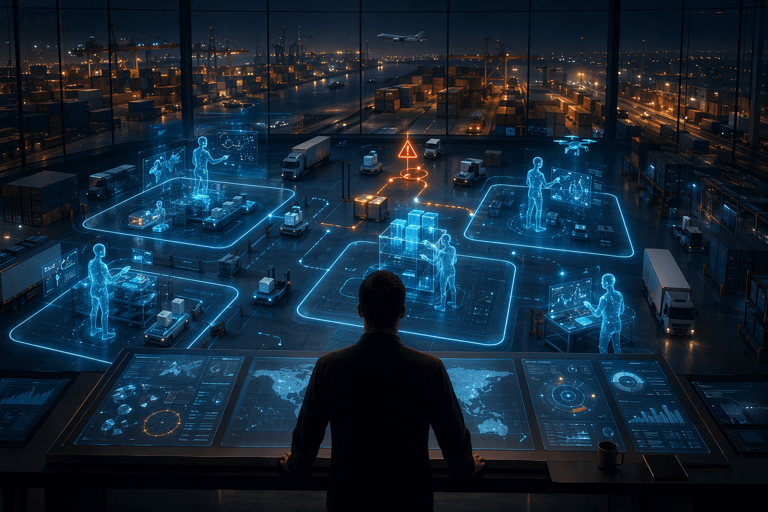 Supply chain control center showing bounded AI agents operating under human oversight