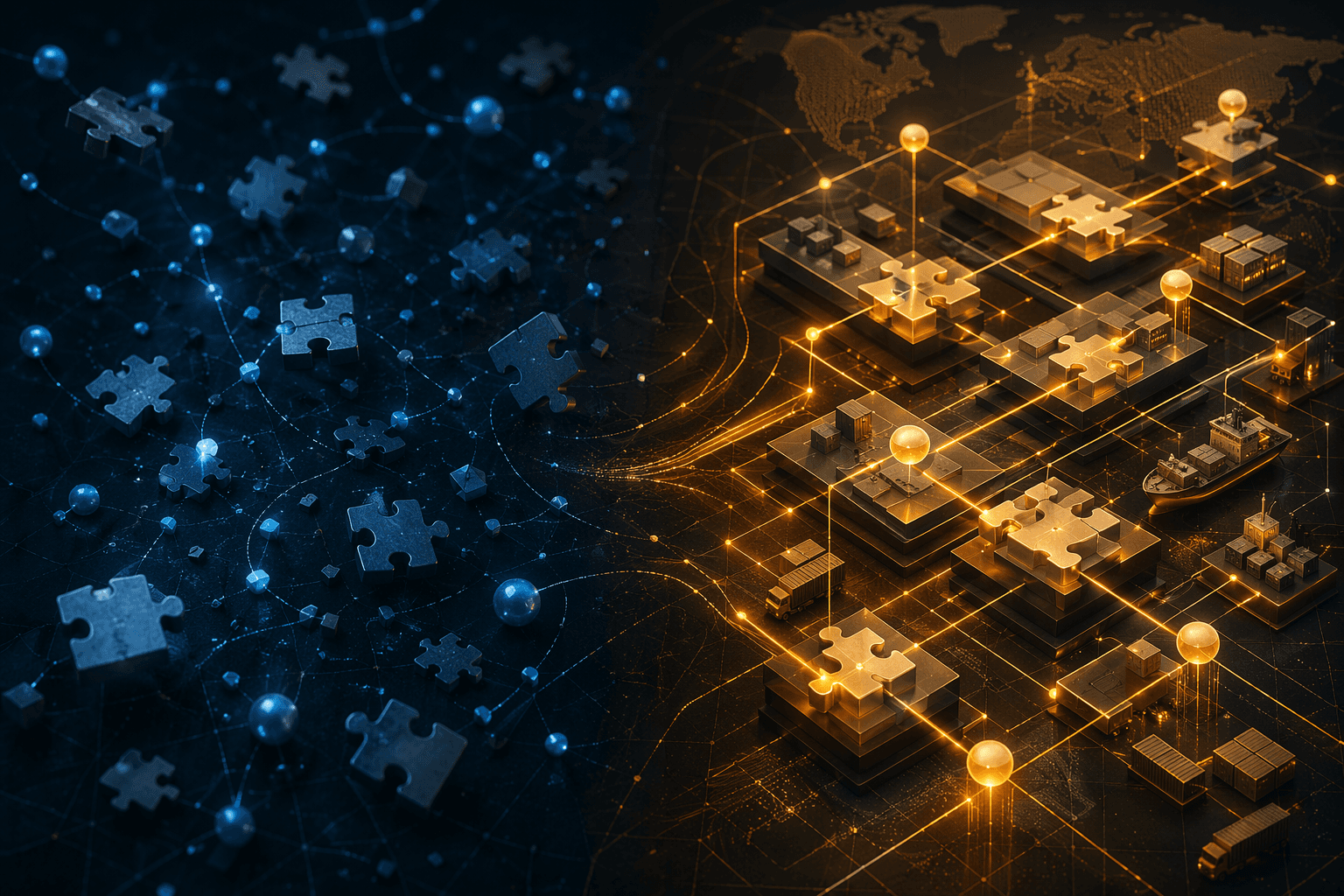 Disconnected blue nodes and puzzle pieces becoming a structured amber supply chain network