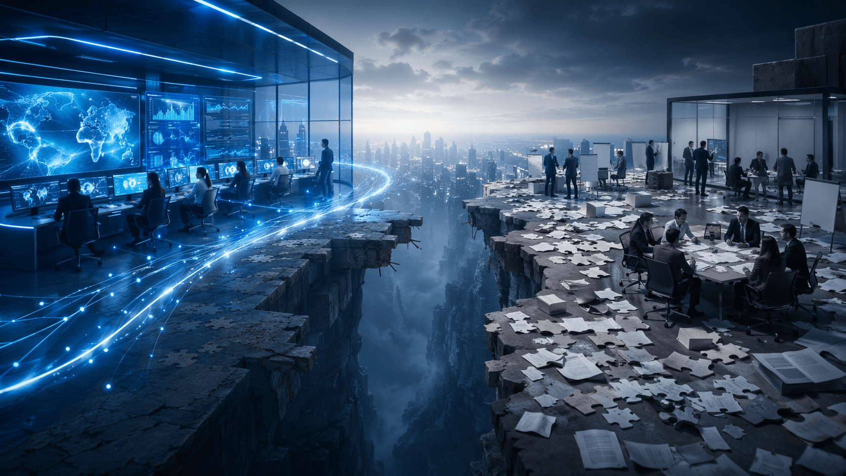 Split editorial scene contrasting AI ambition in a modern control center with organizational unpreparedness in a meeting room