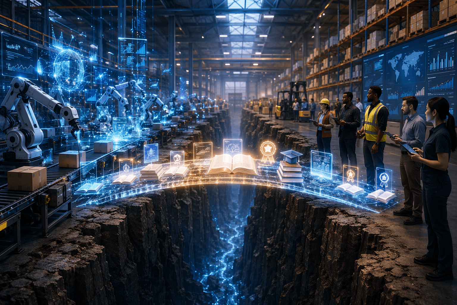 Conceptual image showing AI technology and supply chain workers separated by a bridge made of training materials and skill badges
