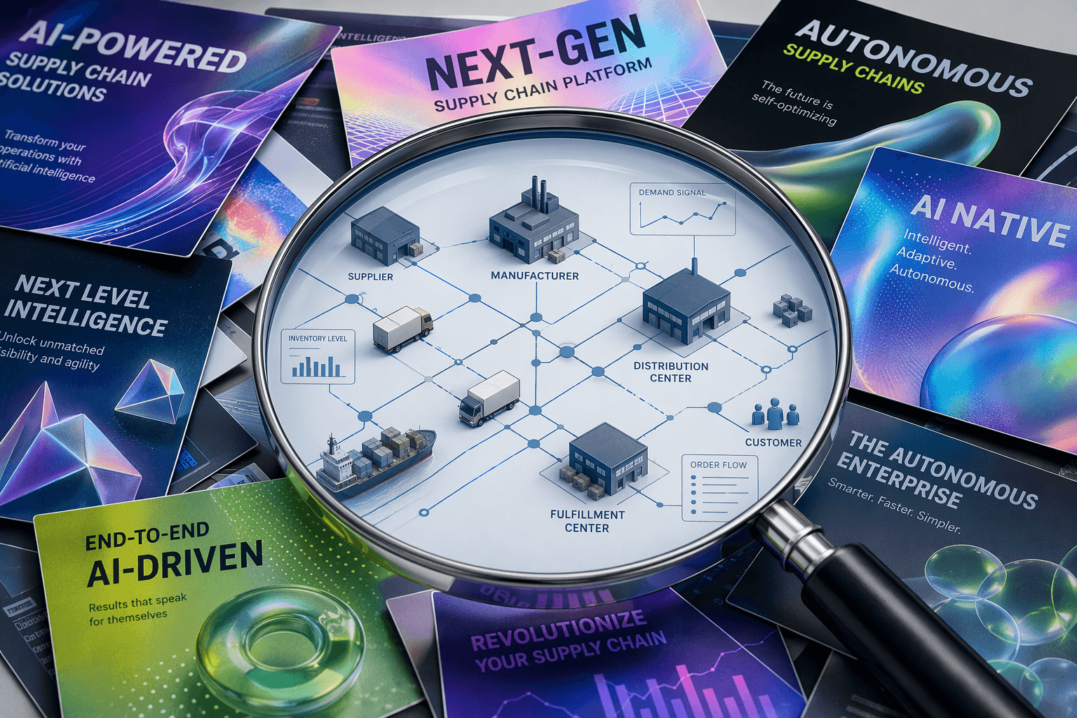 Magnifying glass over glossy marketing brochures revealing a grounded supply chain network underneath