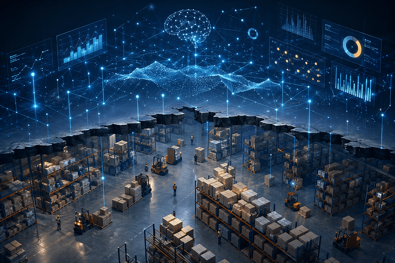 Modern warehouse with digital AI data streams above physical inventory, separated by a visual strategy gap