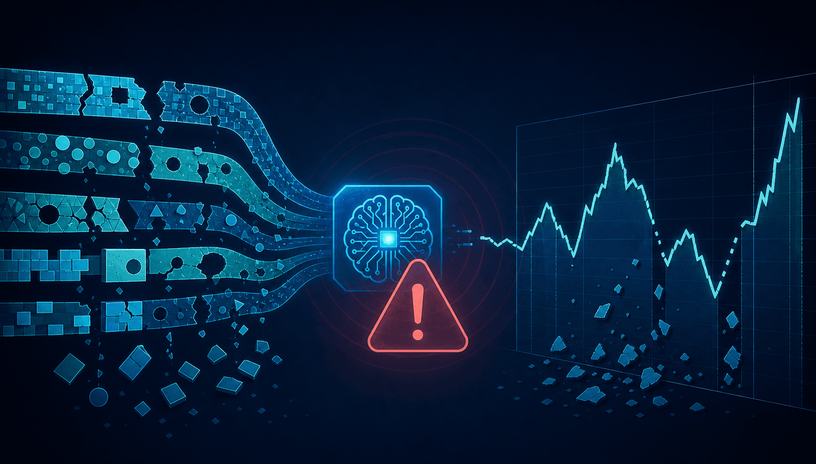 An editorial illustration showing fragmented, cracked, and incomplete data streams flowing into a glowing AI model icon on the left, with the output showing a broken forecast line with jagged spikes and gaps on the right, and a warning icon in between, against a deep navy background.