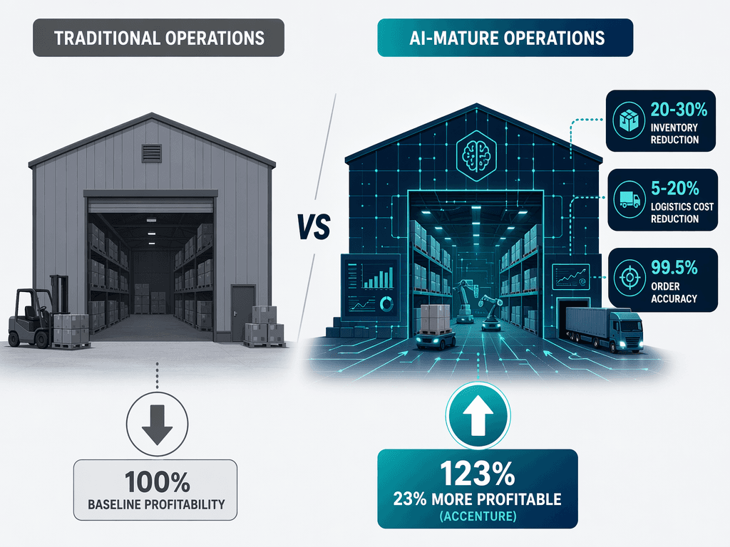 Side-by-side comparison infographic showing a gray traditional warehouse silhouette with a downward profit arrow labeled Baseline Profitability next to a glowing blue-teal AI-mature warehouse silhouette with an upward profit arrow labeled 23% More Profitable (Accenture).