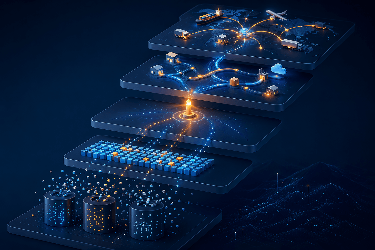 Four ascending stages from disconnected supply chain data to focused pilot, embedded workflows, and automated network