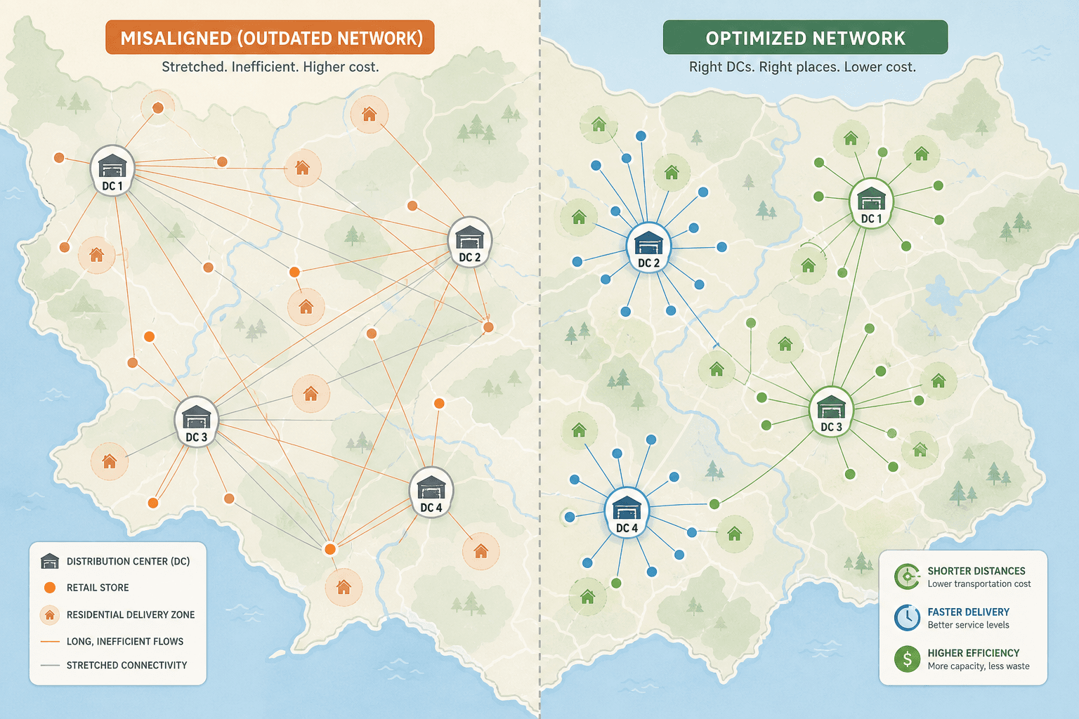 Bird's-eye flat infographic of a regional retail distribution network showing misaligned flow lines on the left and optimized short flow lines on the right.