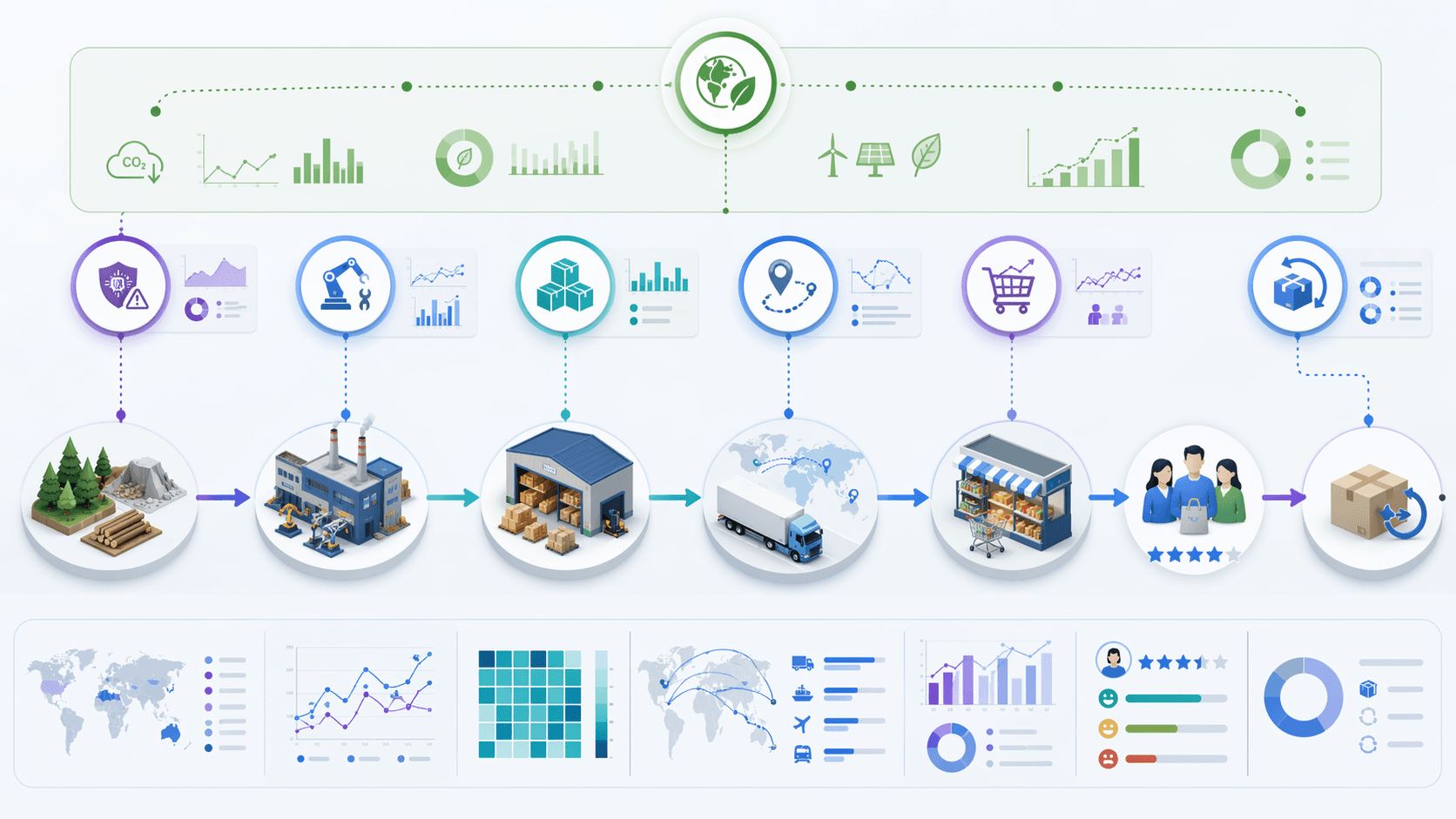 Supply chain flow showing seven predictive analytics use cases from suppliers through returns