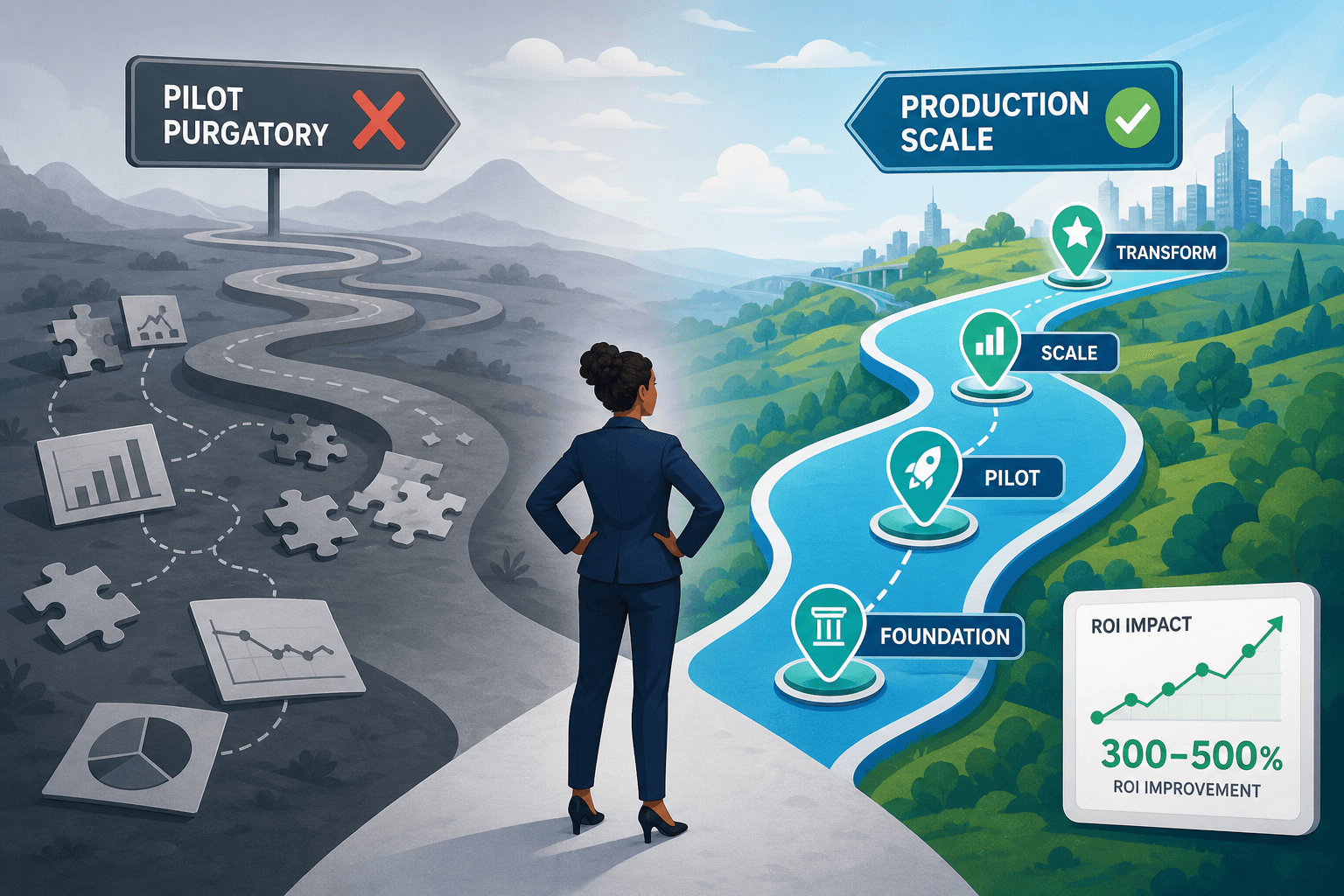 A procurement professional at a crossroads between a gray 'Pilot Purgatory' path and a teal 'Production Scale' path with Foundation, Pilot, Scale, and Transform milestones.
