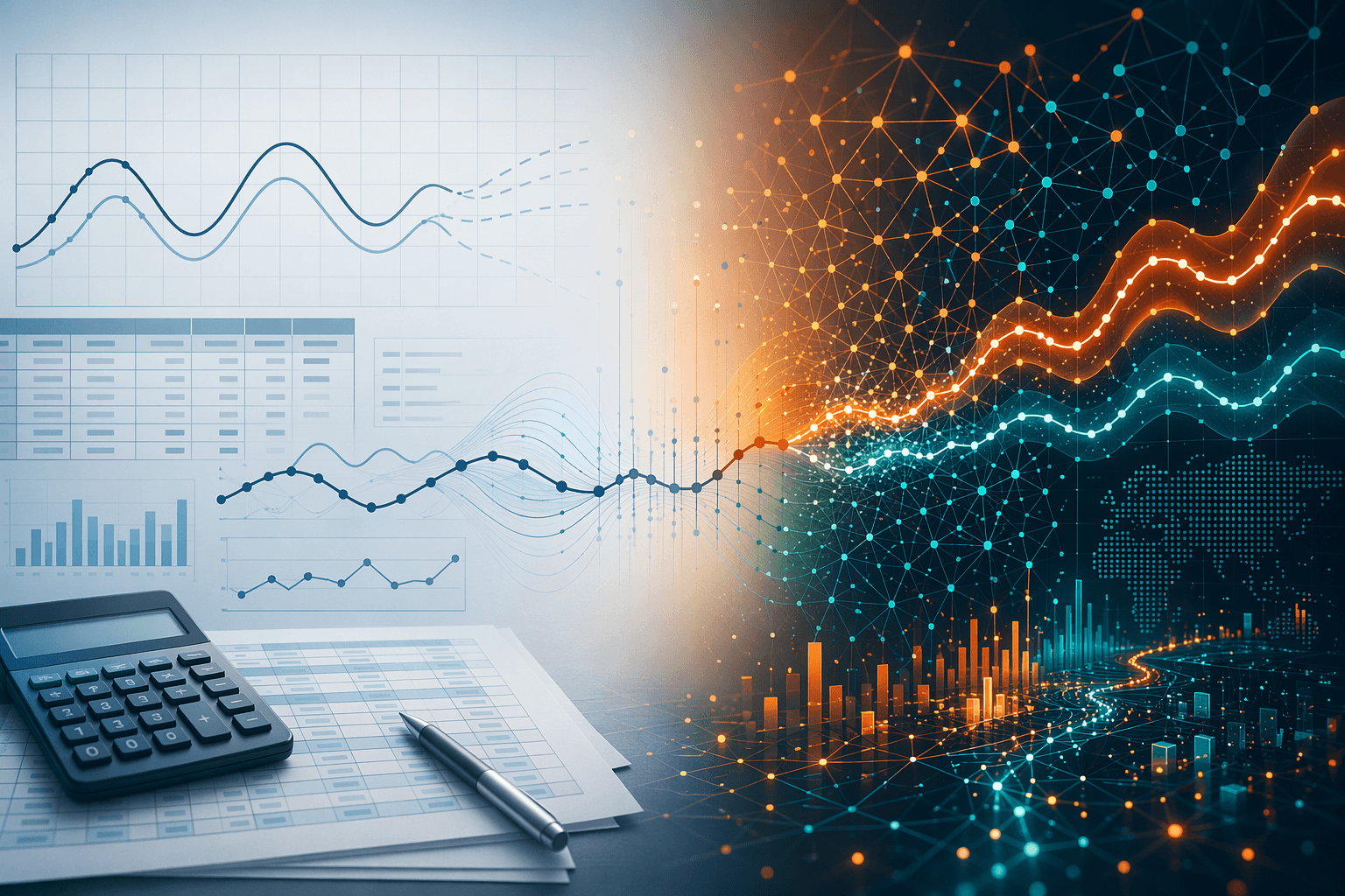 Comparison of traditional statistical forecasting, AI/ML forecasting, and a hybrid middle ground