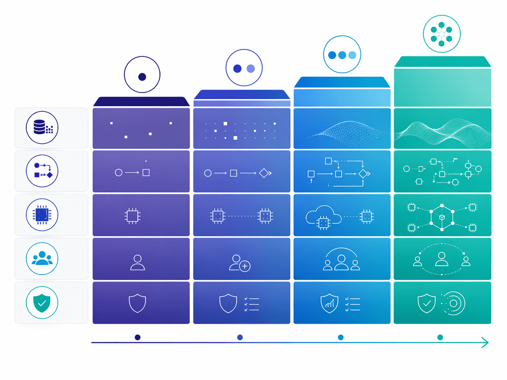 AI maturity matrix showing stages from foundational to autonomous across data, process, technology, people, and governance dimensions