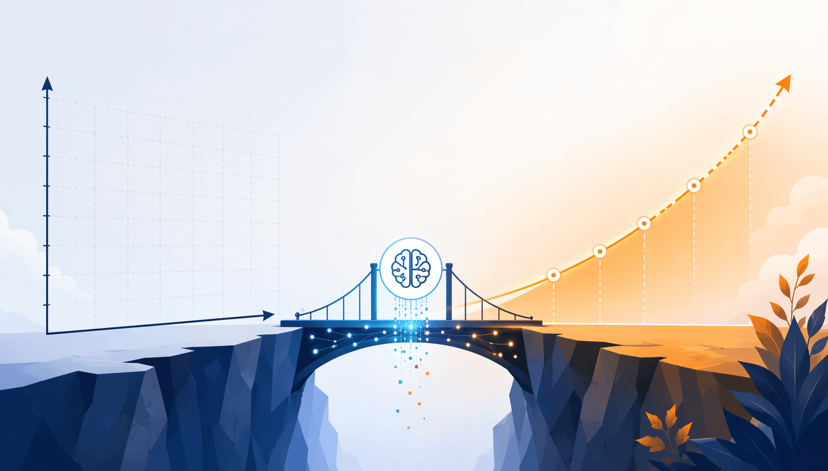 Illustration of a bridge from zero sales history to an AI-generated forecast curve