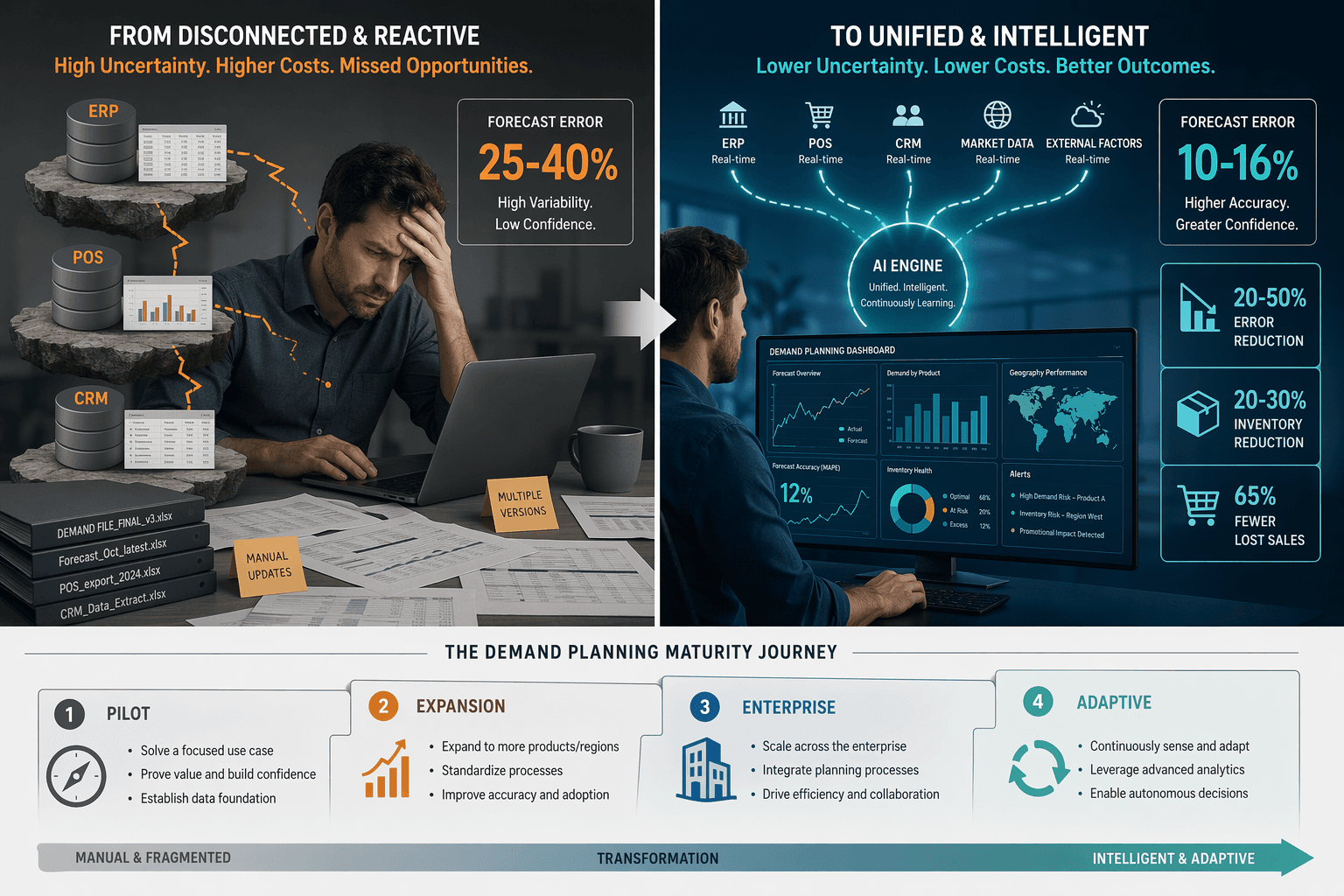 Split infographic comparing traditional demand planning with 25-40% forecast error against AI-driven planning with 10-16% error rate and indicators for 20-50% error reduction, 20-30% inventory reduction, and 65% fewer lost sales.