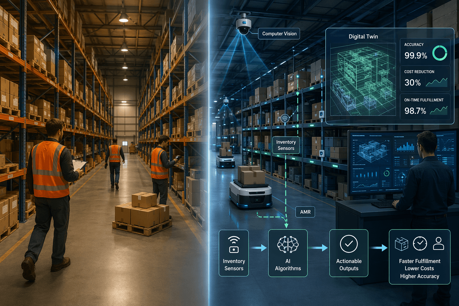 Split-view illustration comparing a traditional manual warehouse with an AI-powered smart warehouse, showing data flow and key metrics.