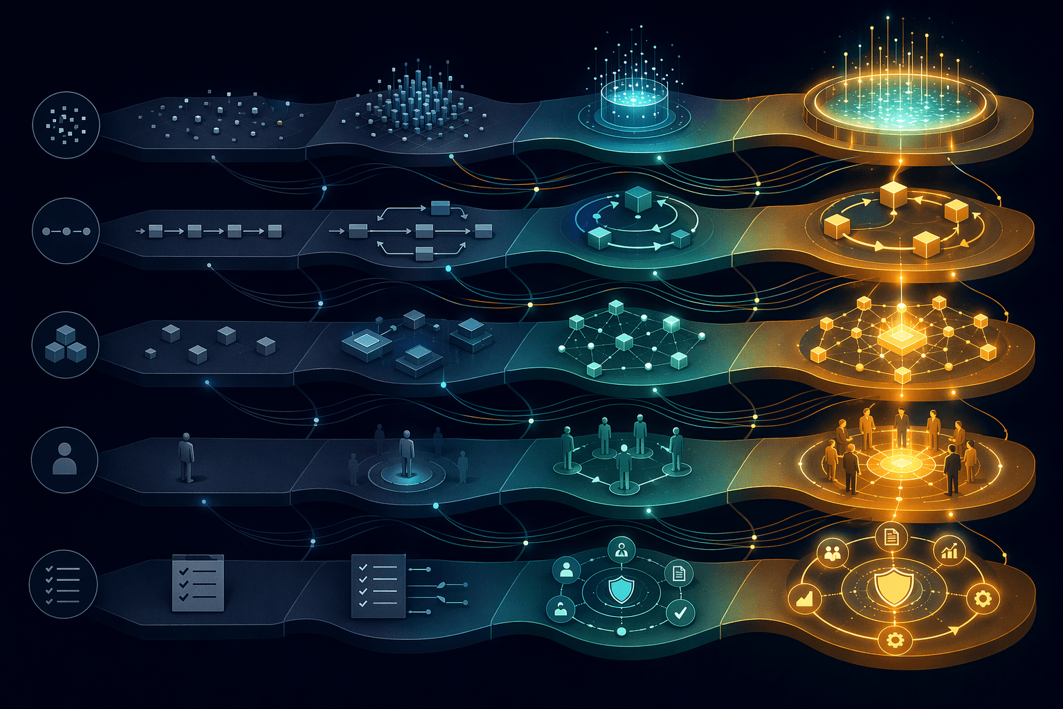 Five parallel maturity pathways showing data, process, technology, people, and governance advancing together