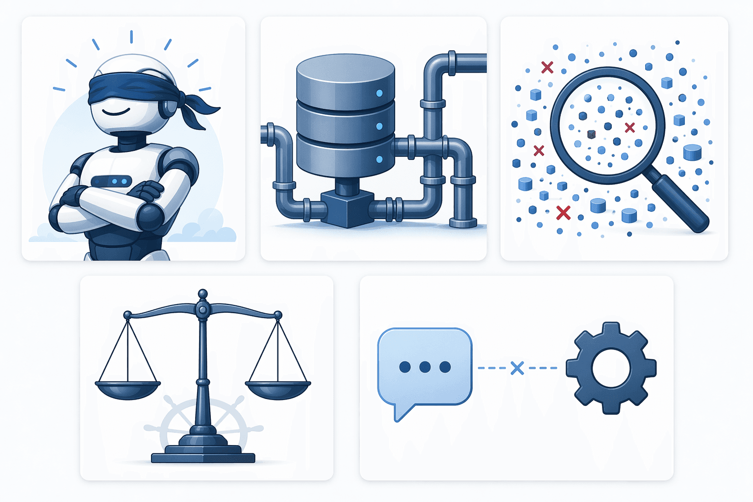 Five icon cards representing AI agent pilot failure patterns: autonomy illusion, ERP mindset, data quality denial, missing decision governance, and chat versus execution confusion.
