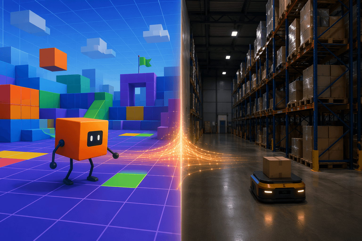 Orange cube AI agent in simulation contrasted with a real warehouse interior