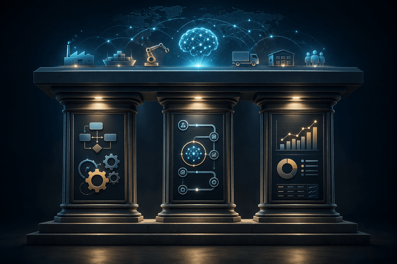 Three pillars showing process standardization, workflow integration, and financial metrics supporting supply chain AI results