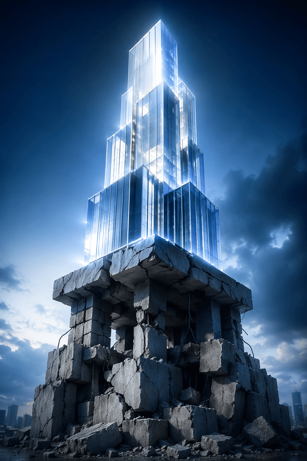 Modern tower with a glowing upper section built on a cracked fragmented foundation