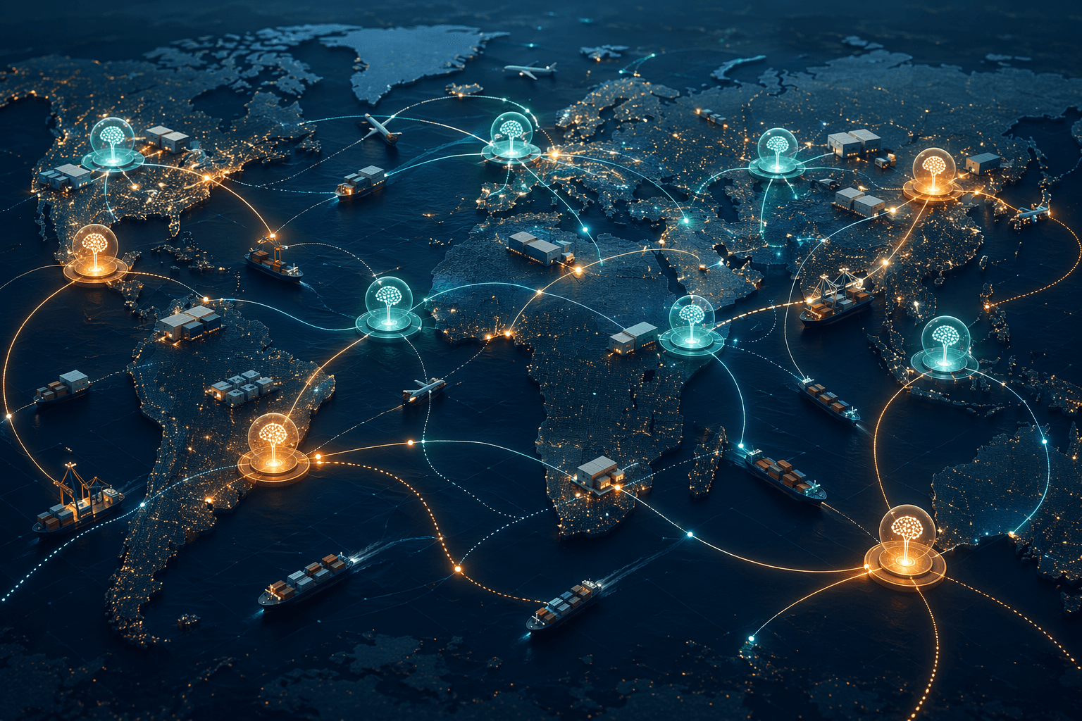Digital logistics map showing autonomous decision agent nodes across ports warehouses and shipping routes