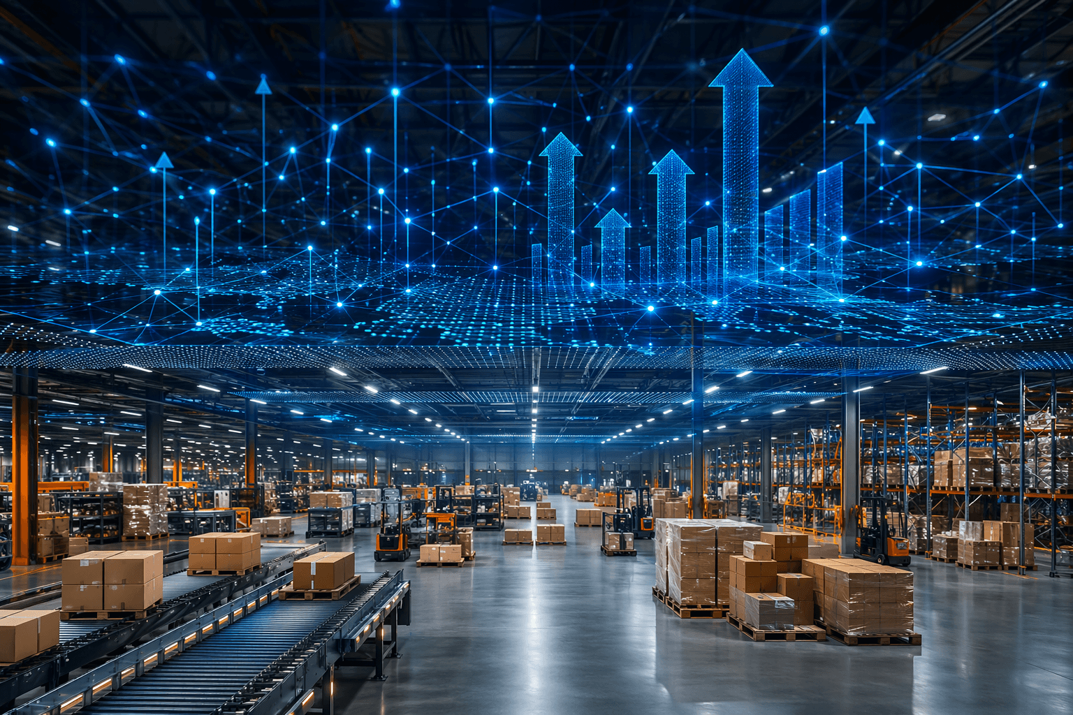 Digital AI strategy diagrams floating above a warehouse floor, separated from physical logistics operations