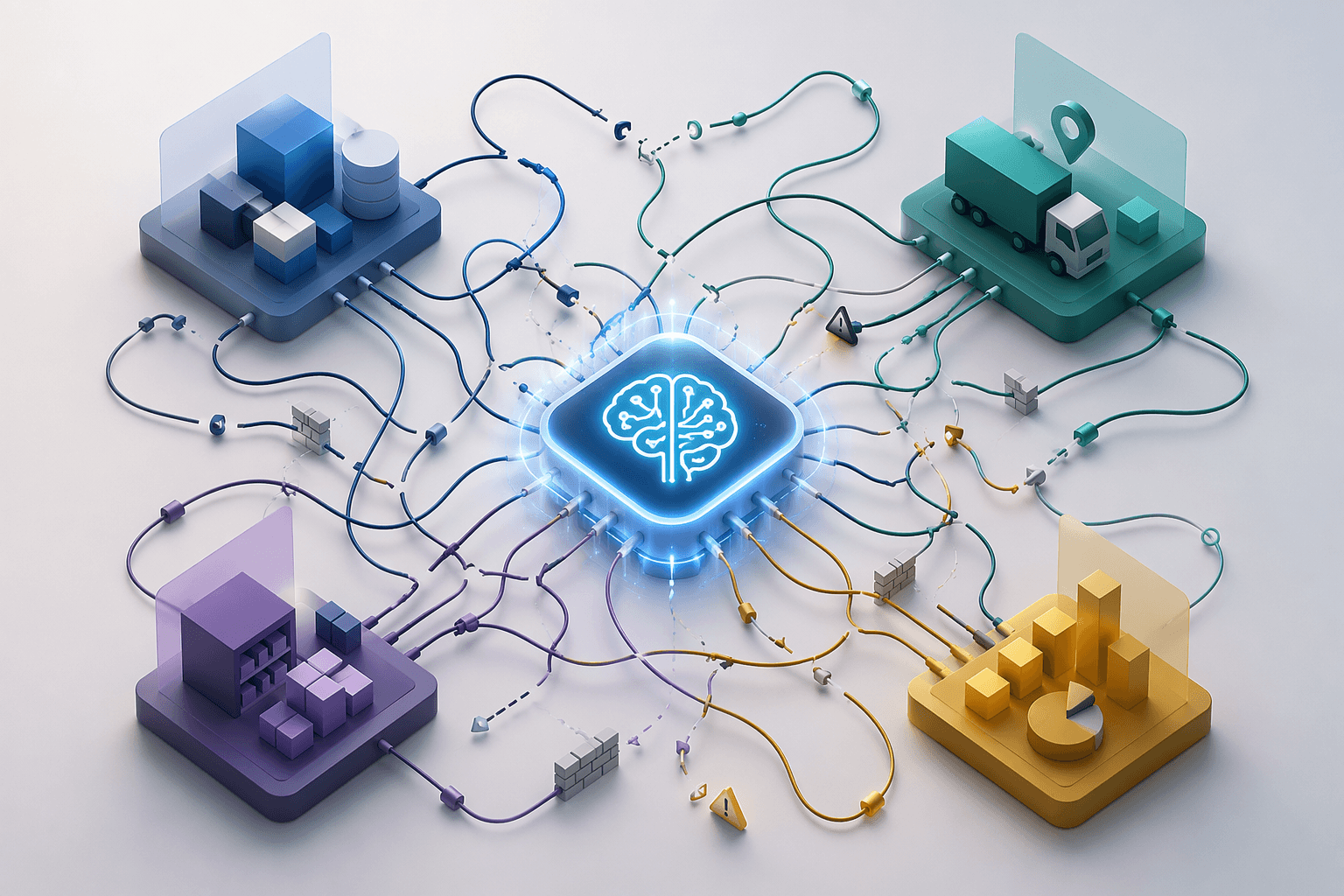 AI node surrounded by disconnected ERP, TMS, WMS, and planning systems with tangled integration lines