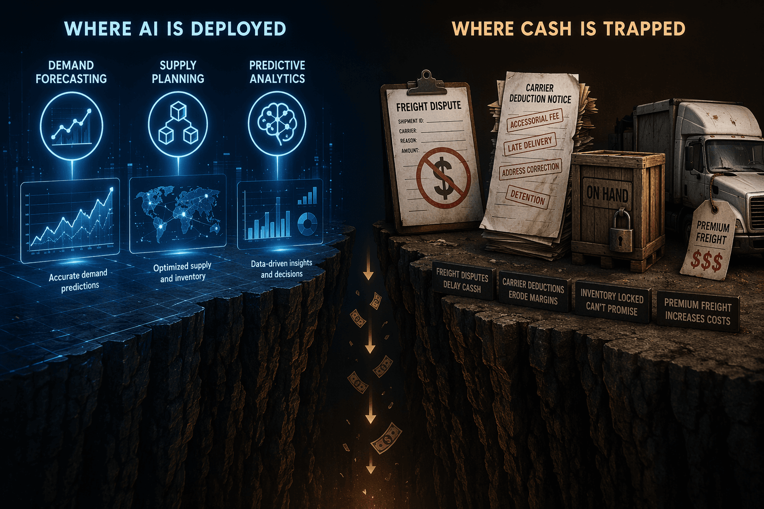 Comparison between polished AI planning use cases and cash-leaking workflows such as freight disputes, carrier deductions, unavailable inventory, and premium freight