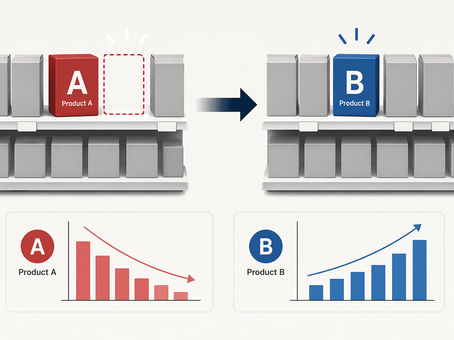 Retail shelf diagram showing demand shifting from an out-of-stock product to a substitute product