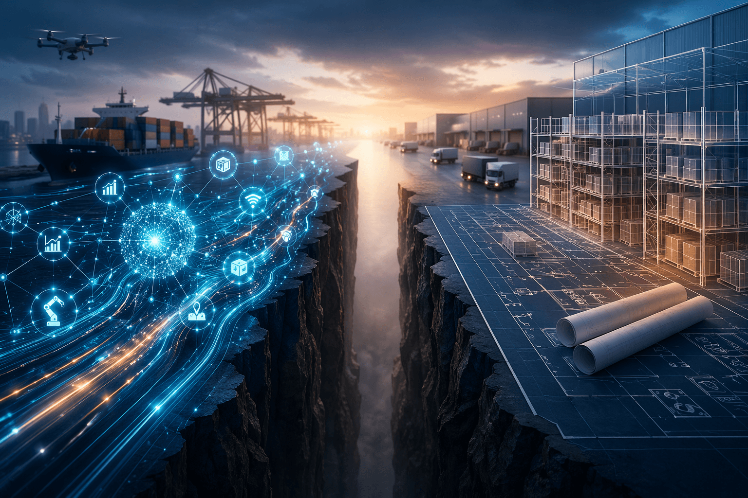 Conceptual split scene showing rapid logistics AI adoption separated from structured strategic planning