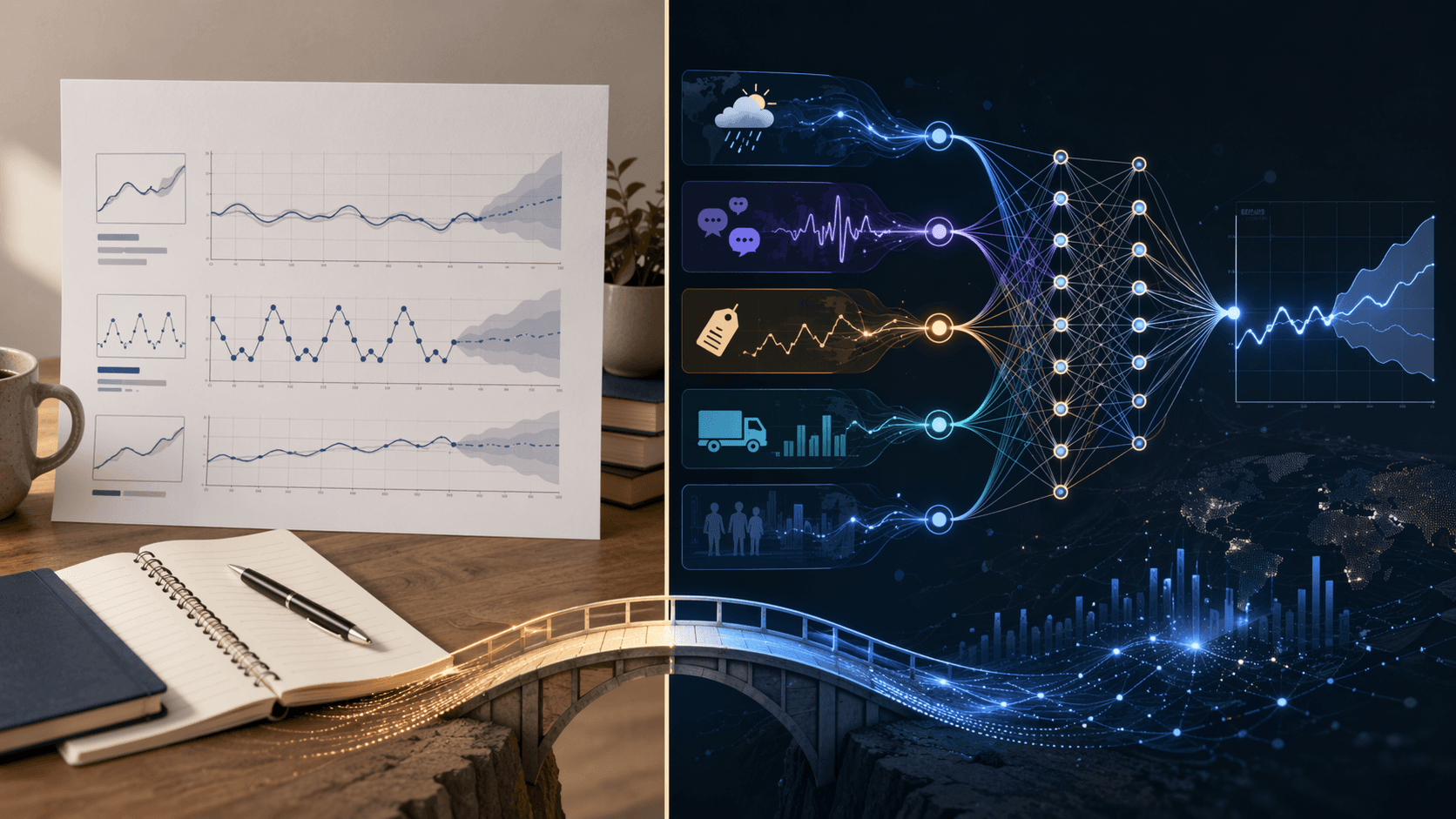 Split visual contrasting traditional statistical forecasting with AI forecasting using external demand signals