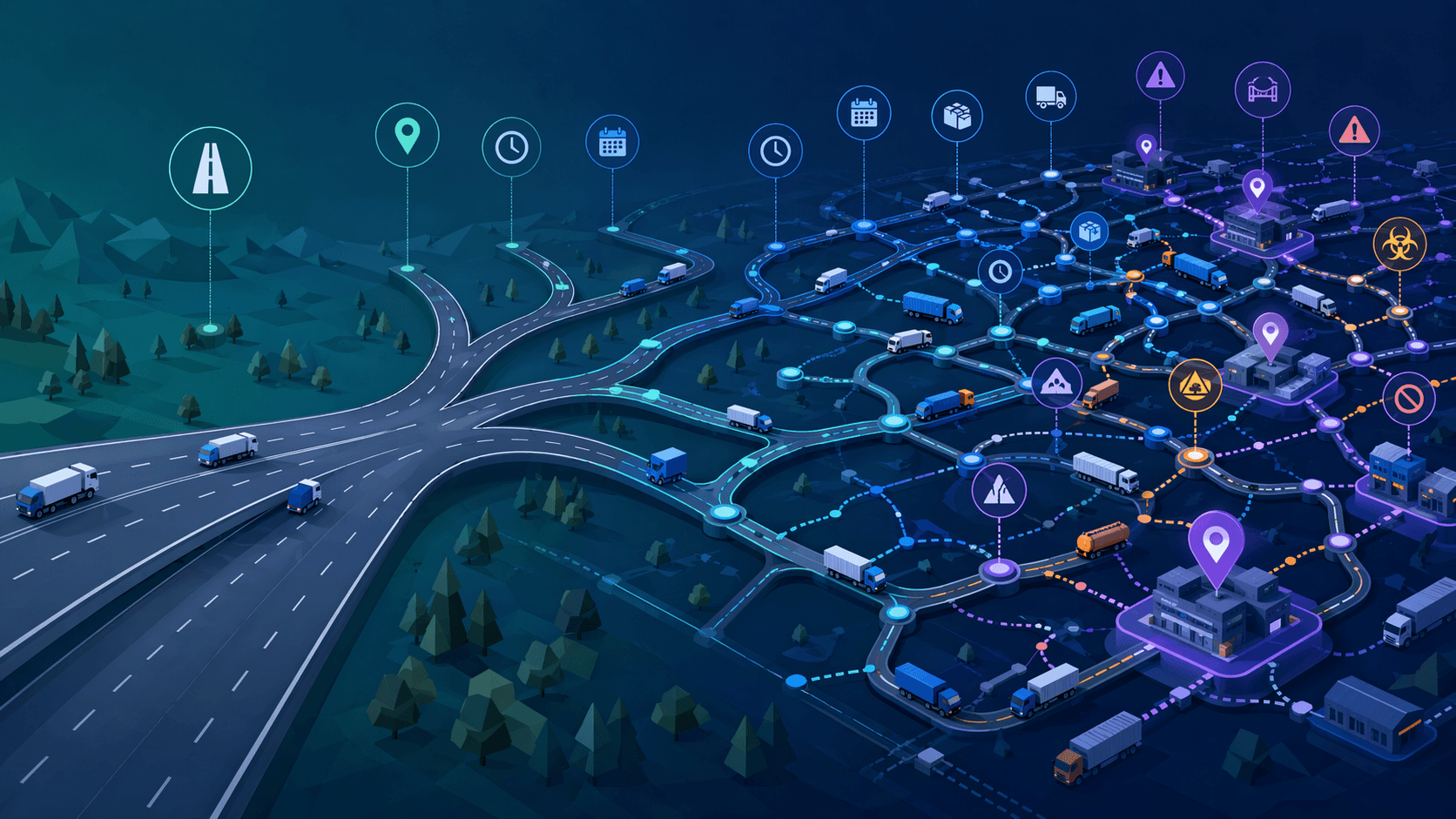 Road network evolving from simple routes to complex routes with time windows, vehicle limits, and hazmat constraints