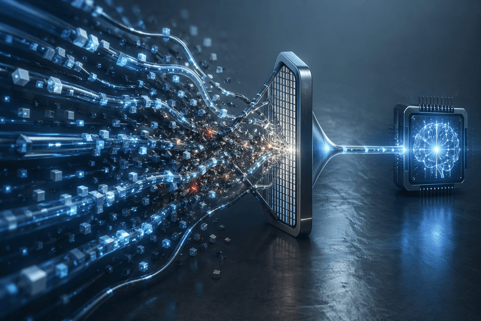 A supply chain network narrowing into a bottleneck, where tangled data streams block a thin clean stream reaching an AI processor symbol.