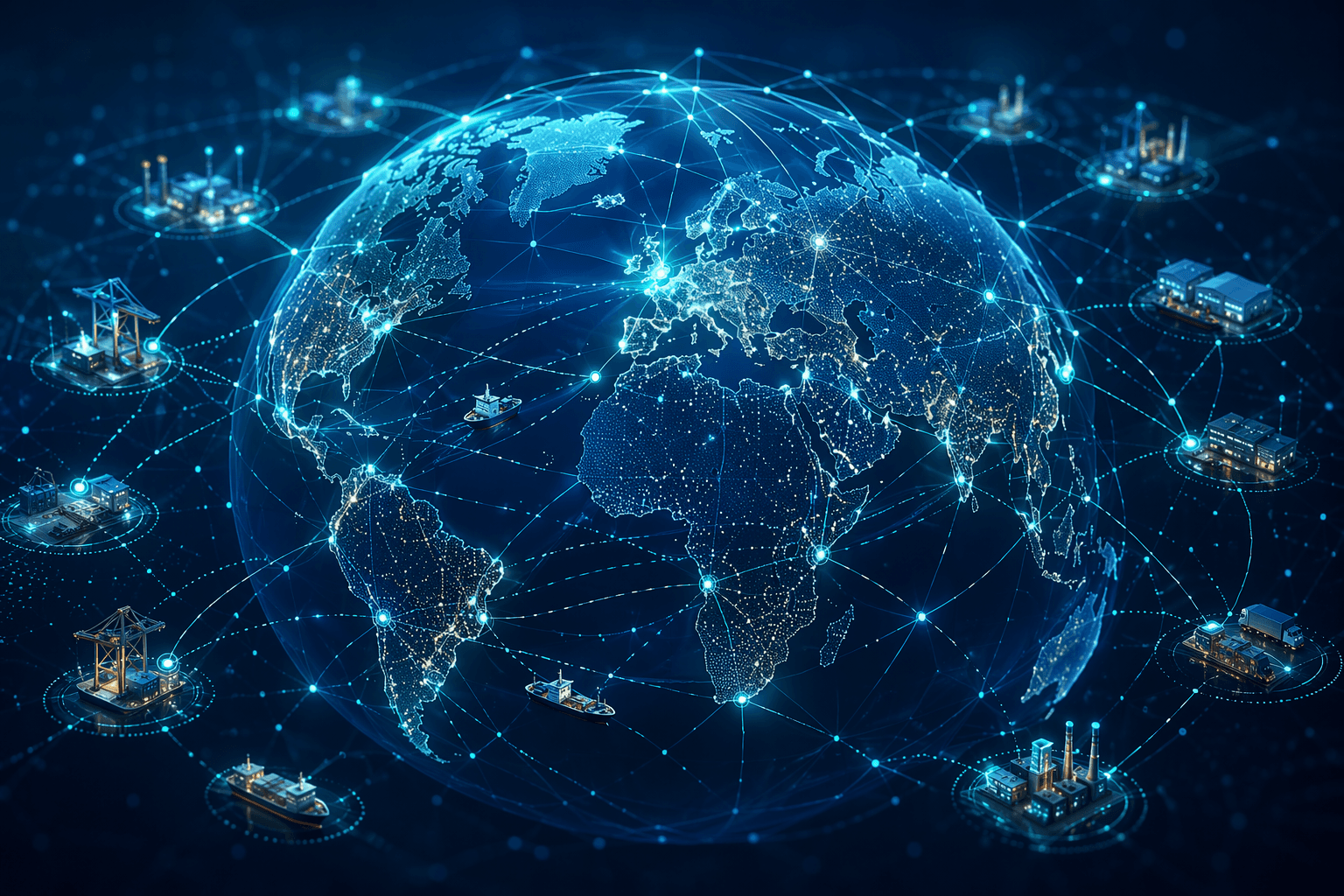 Digital globe with interconnected nodes and data streams spanning continents, representing a federated global trade knowledge graph.