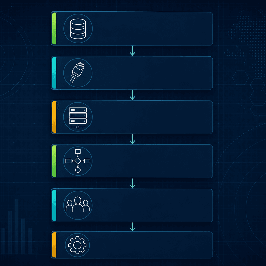 Six stacked horizontal layers on a navy background, each representing a readiness dimension with a colored status bar and downward arrows showing sequential prerequisite dependencies.