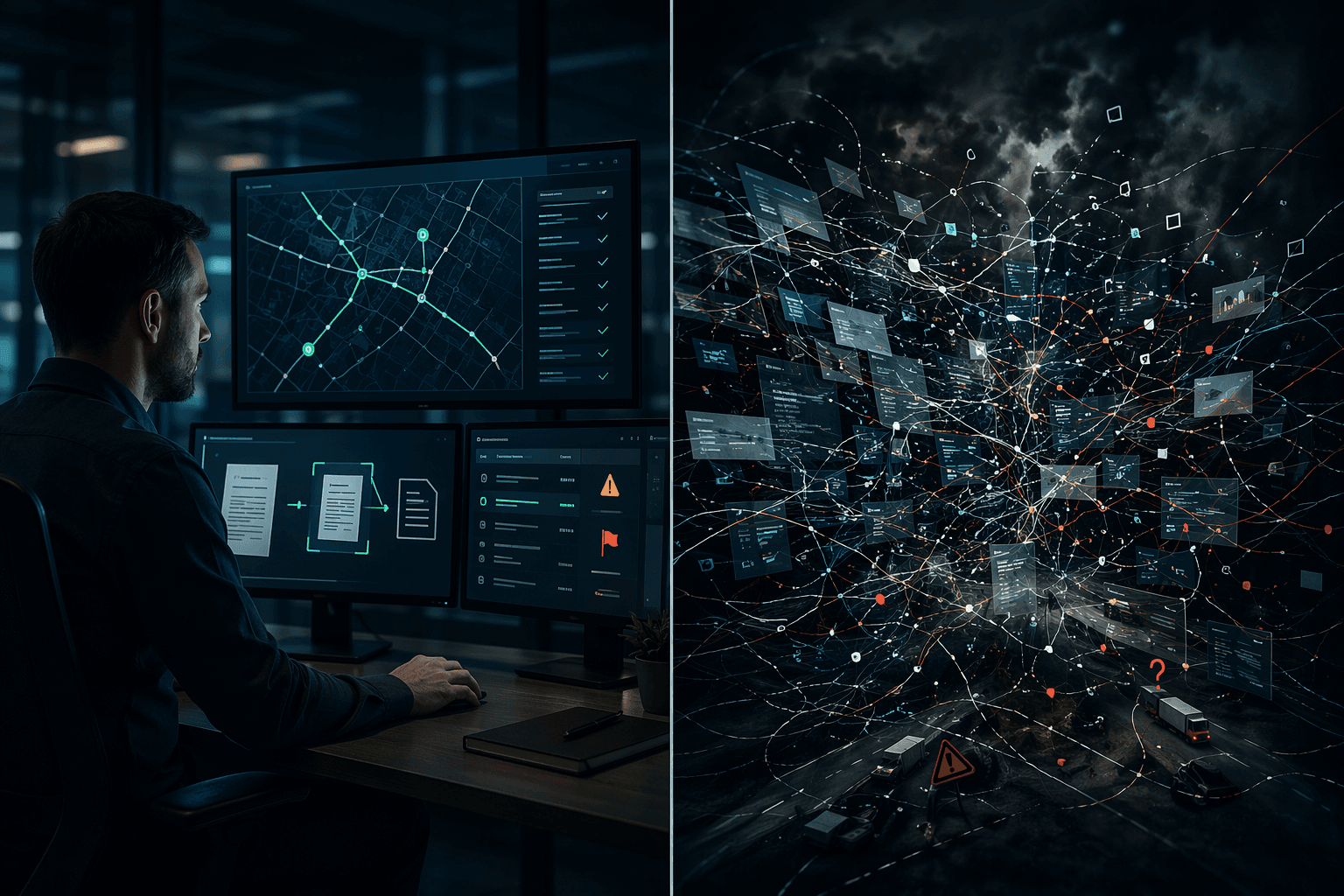 Split visual comparing focused AI logistics tools with tangled data and system complexity
