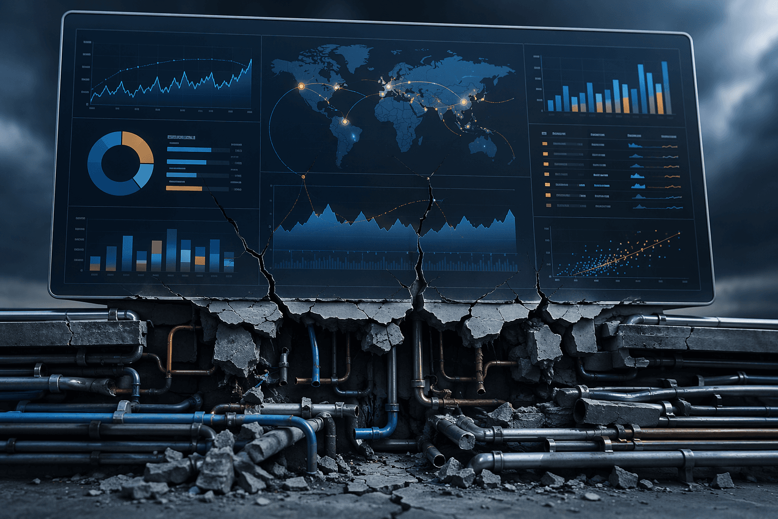 A polished supply chain AI dashboard with clean recommendations above a cracked and fragmented data pipeline