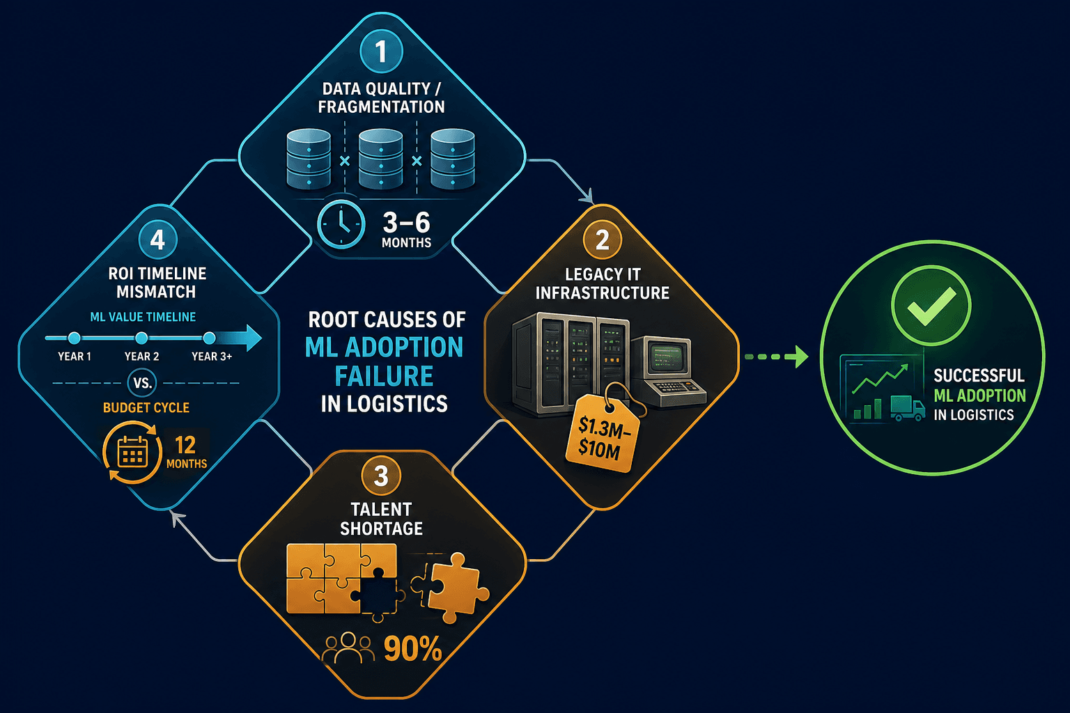 A four-block barrier diagram on a dark navy background. Blocks show data silos with a 3-6 month clock, a legacy mainframe with a $1.3M-$10M cost tag, a puzzle piece with a missing segment labeled 90%, and a multi-year timeline clashing with a 12-month budget cycle icon. A central gap separates these barriers from a success goal on the right.