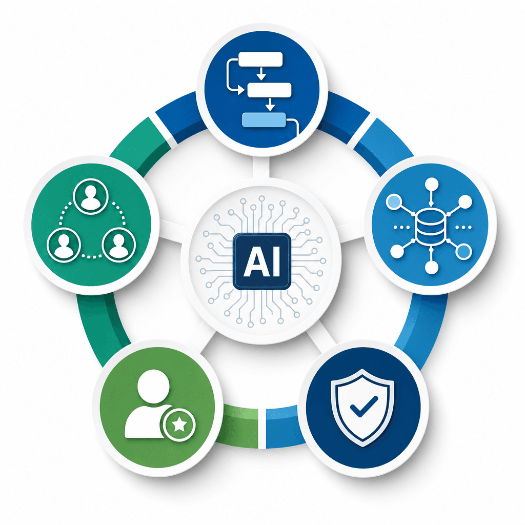 Radial framework diagram with five interconnected hexagonal segments representing the five organizational readiness dimensions for autonomous procurement AI.