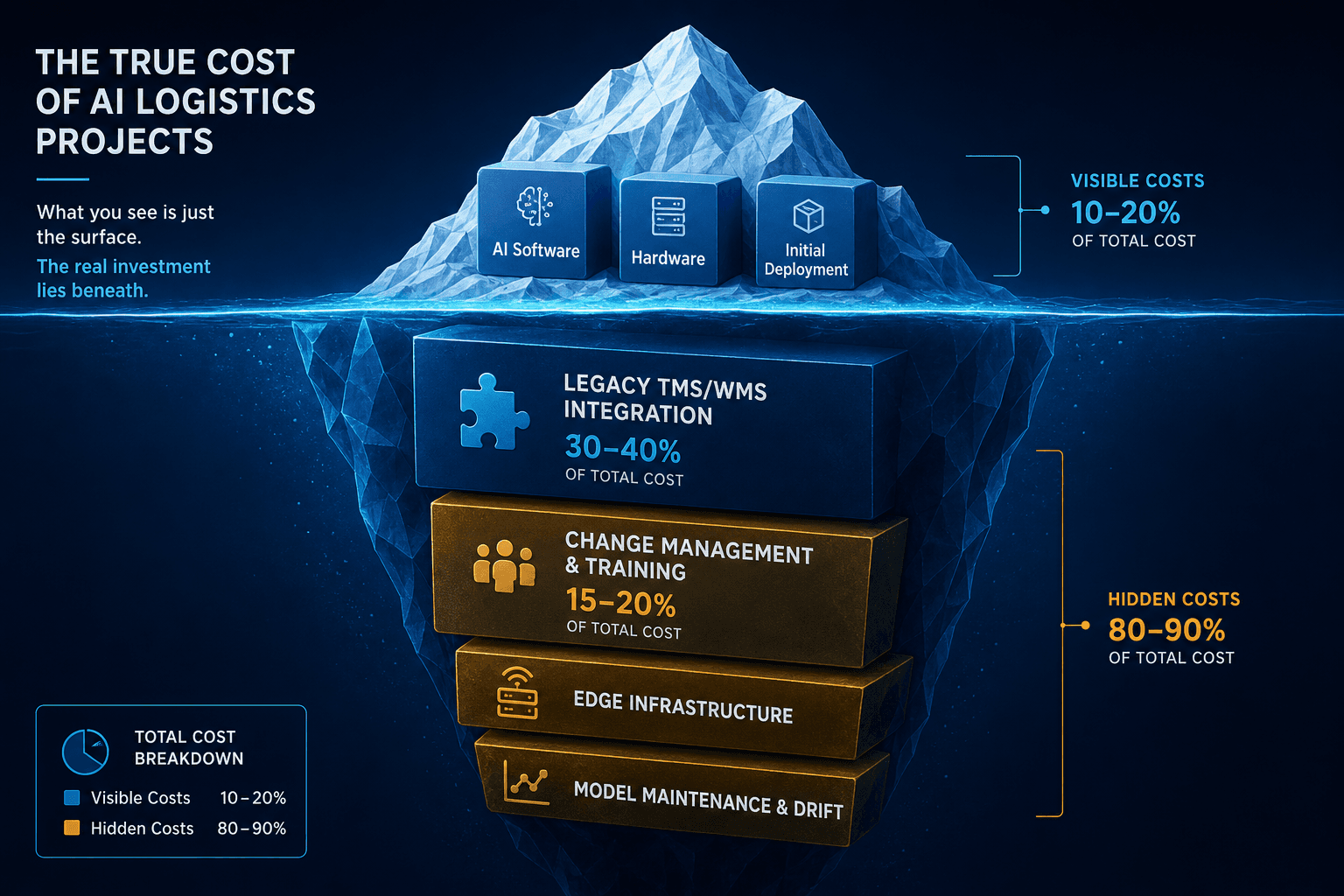 Iceberg illustration: above water are AI software and hardware cost blocks; below water are larger submerged blocks labeled 'Legacy TMS/WMS integration 30–40%', 'Change management 15–20%', 'Edge infrastructure', 'Model maintenance'.