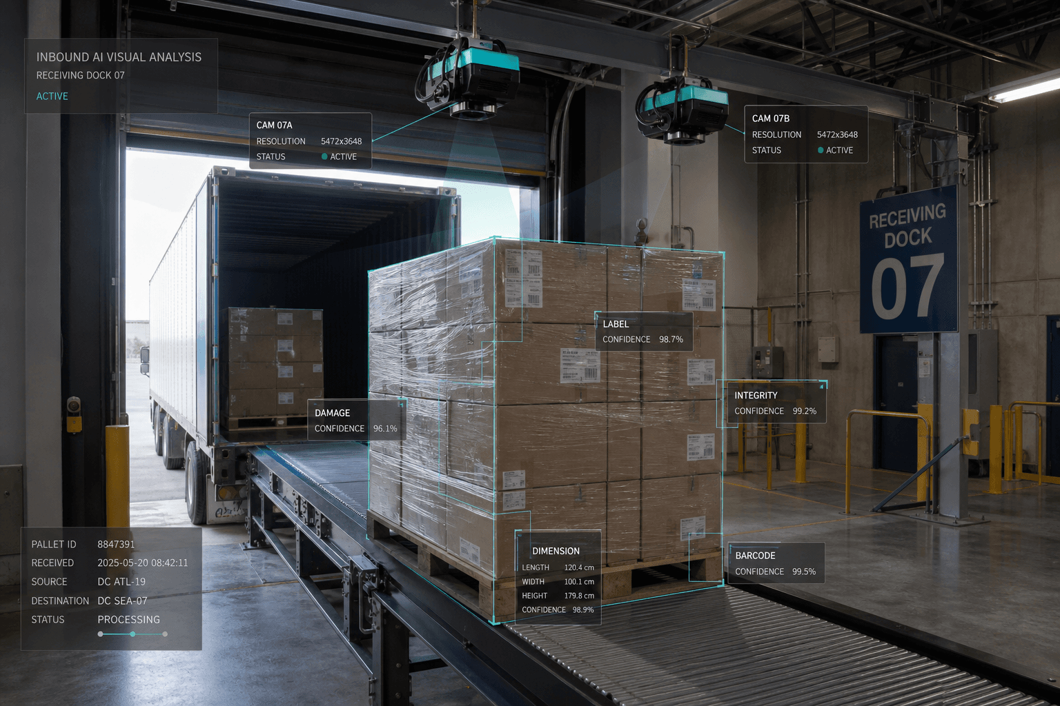Warehouse receiving dock with overhead industrial cameras inspecting palletized shipments, showing AI bounding box overlays on incoming boxes