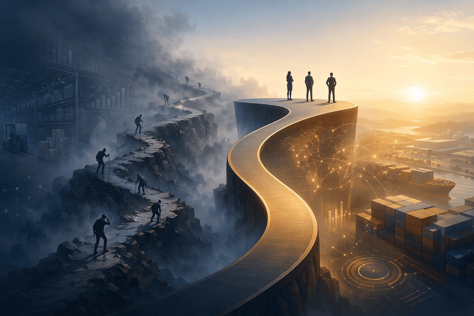 Editorial illustration of a rocky supply chain AI maturity path rising toward a plateau above warehouse and logistics terrain